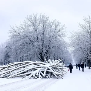 Snow-covered street in Portland during winter storm