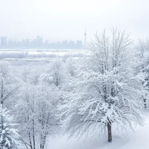 A city skyline covered in snow during winter storms