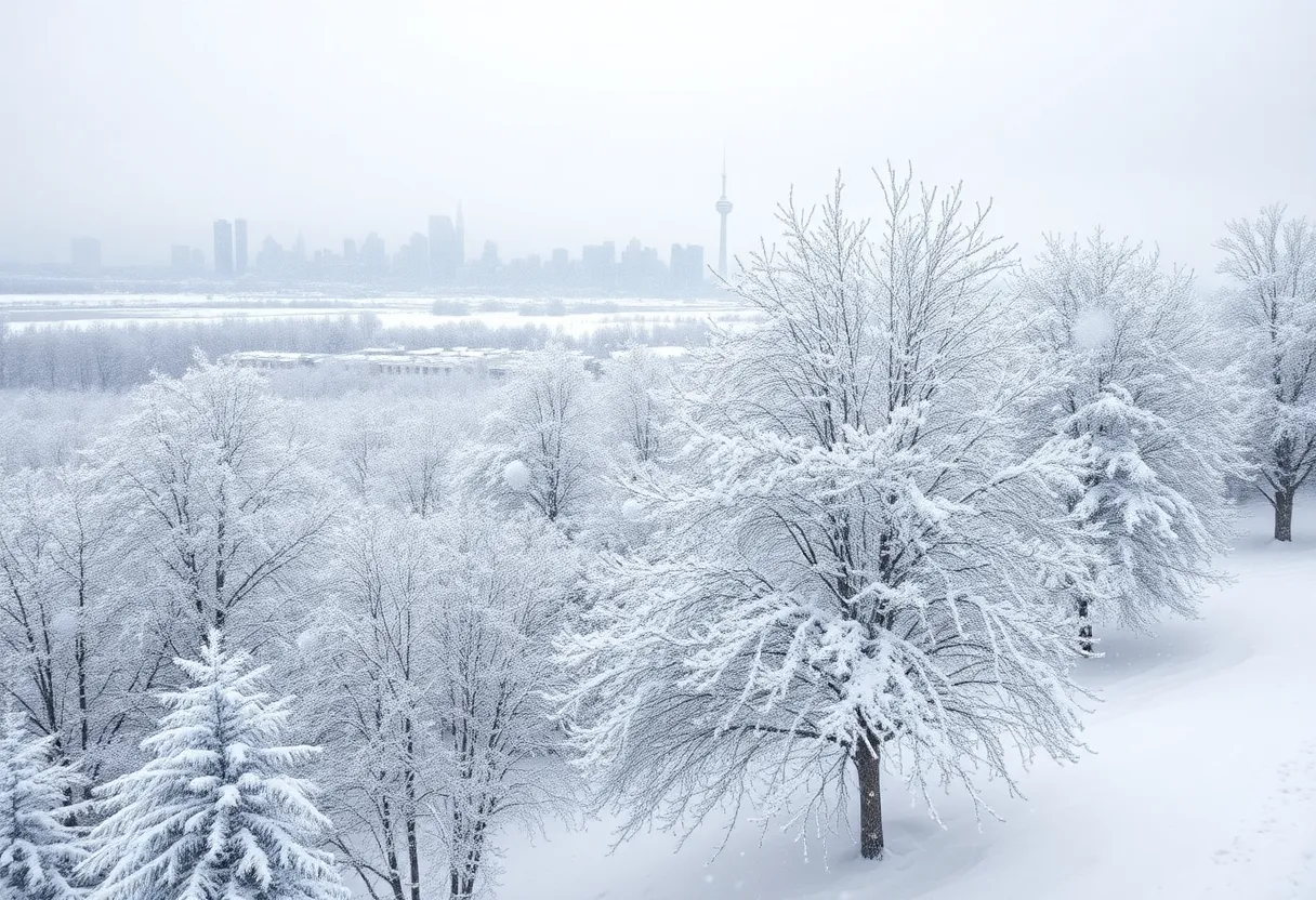 A city skyline covered in snow during winter storms