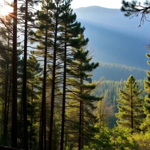 A peaceful view of the Black Hills National Forest with sunlight through the trees.