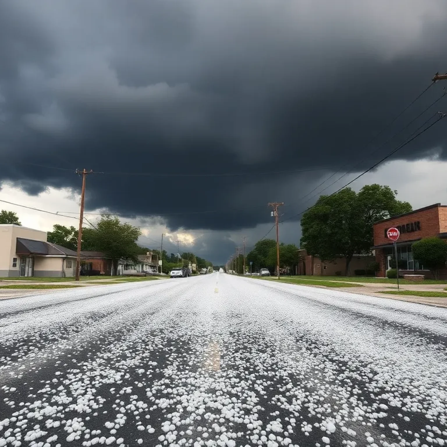 Street in Blanchard, Louisiana covered in hail after a thunderstorm