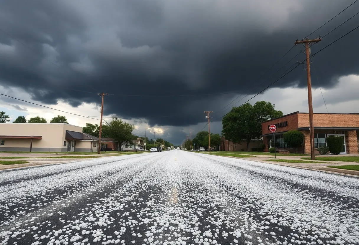 Street in Blanchard, Louisiana covered in hail after a thunderstorm