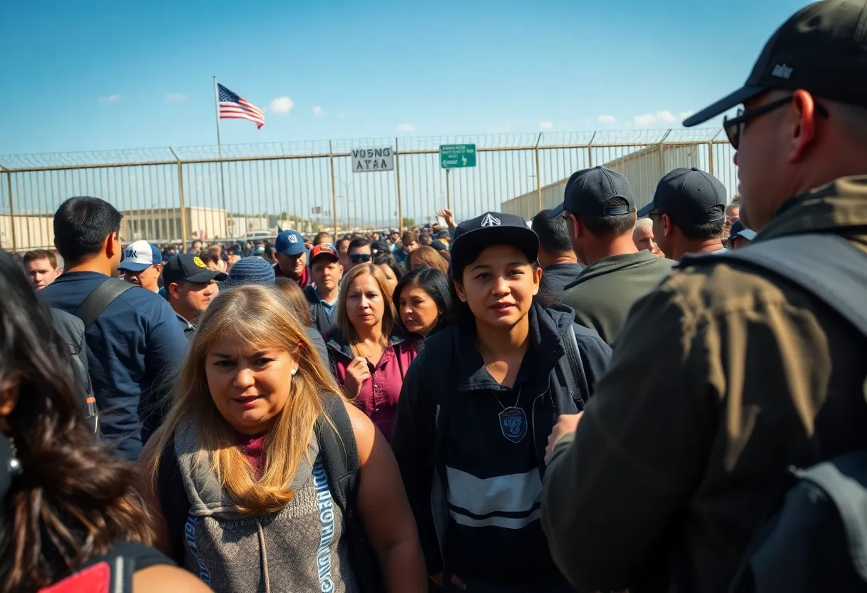 Travelers at a U.S. border crossing showing confusion and tension.