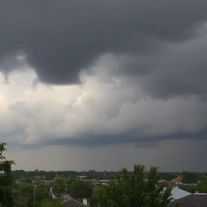 Dark storm clouds over Bossier City during a severe weather alert.