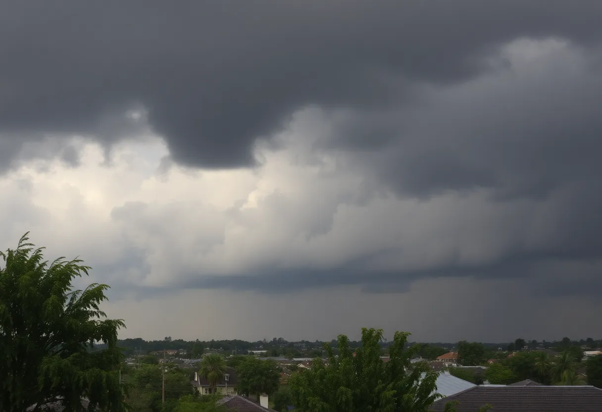 Dark storm clouds over Bossier City during a severe weather alert.