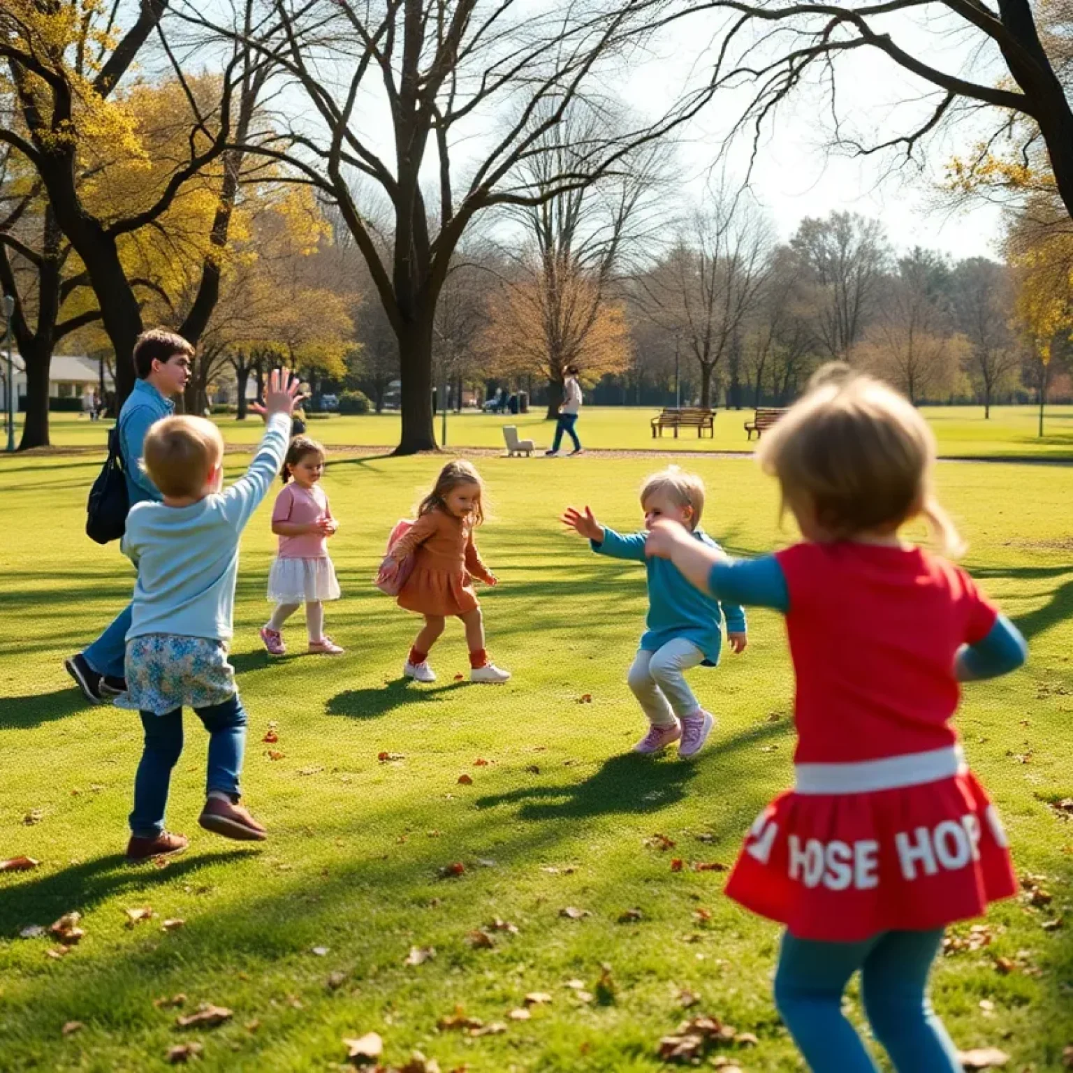 Children playing in a park, emphasizing safety and community togetherness.