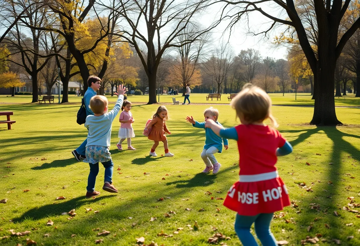 Children playing in a park, emphasizing safety and community togetherness.