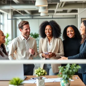 Diverse employees collaborating in a modern office setting