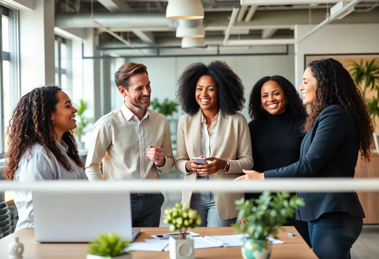 Diverse employees collaborating in a modern office setting