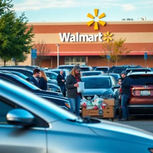 People helping the homeless in Walmart parking lot