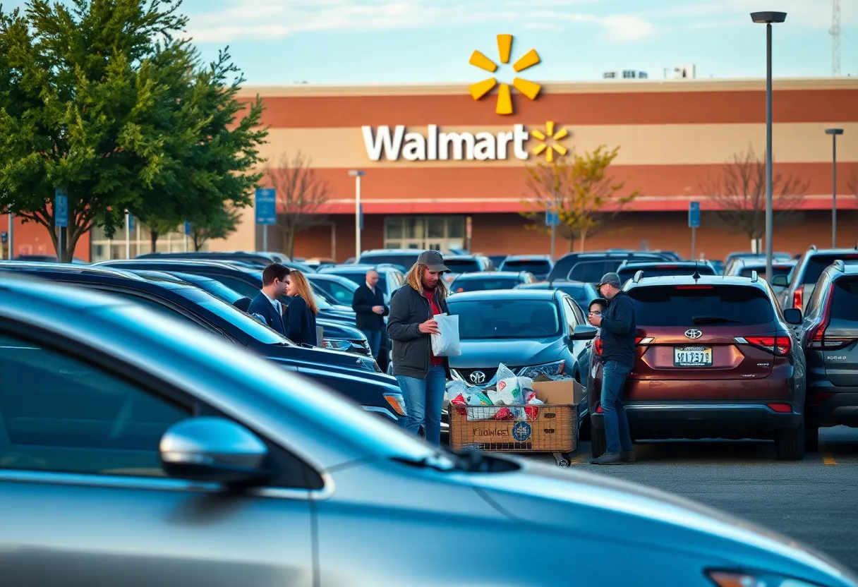 People helping the homeless in Walmart parking lot