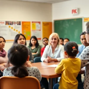 Parents and educators discussing child safety in a community meeting