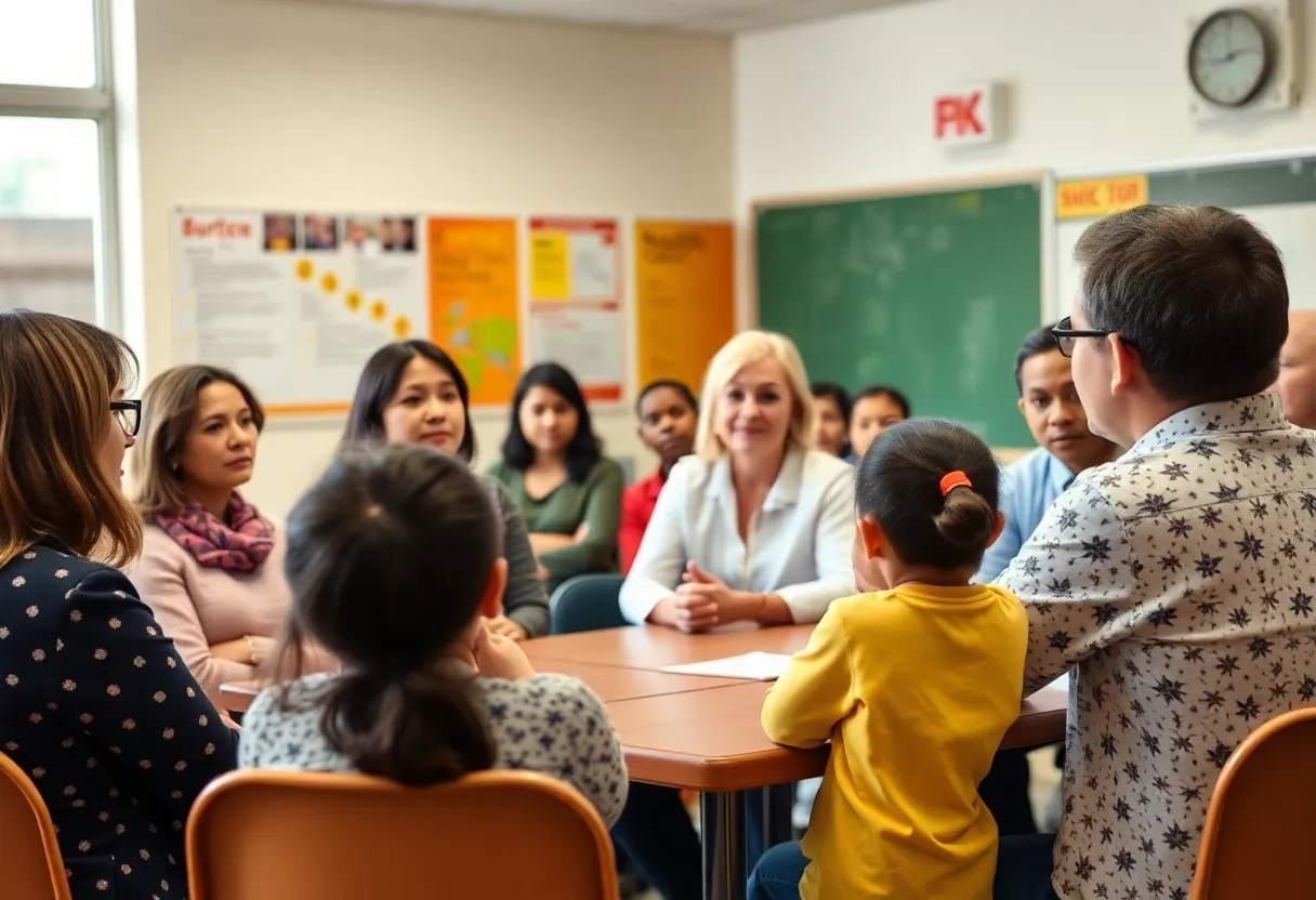 Parents and educators discussing child safety in a community meeting