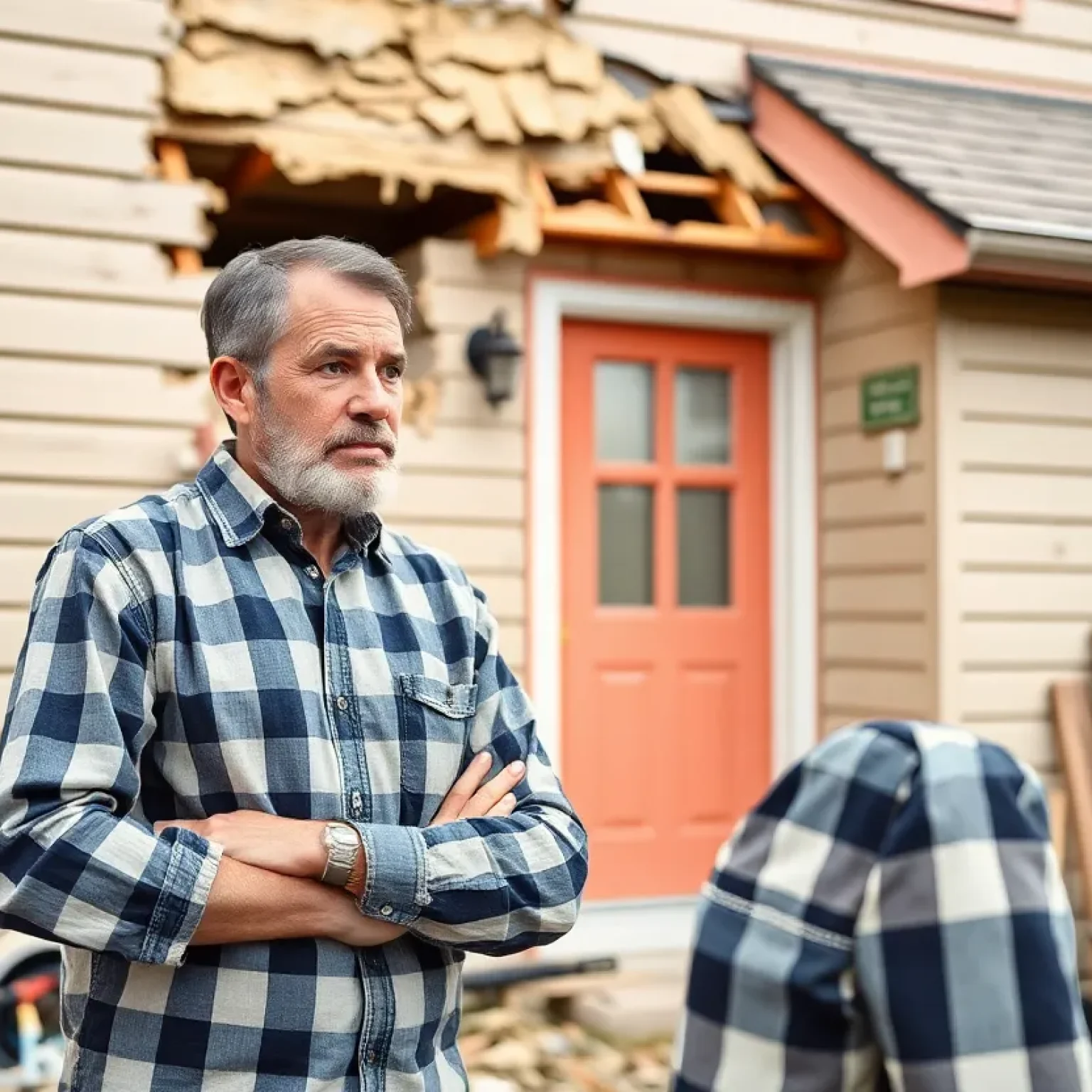 Image depicting a distressed homeowner amid unfinished repair work.