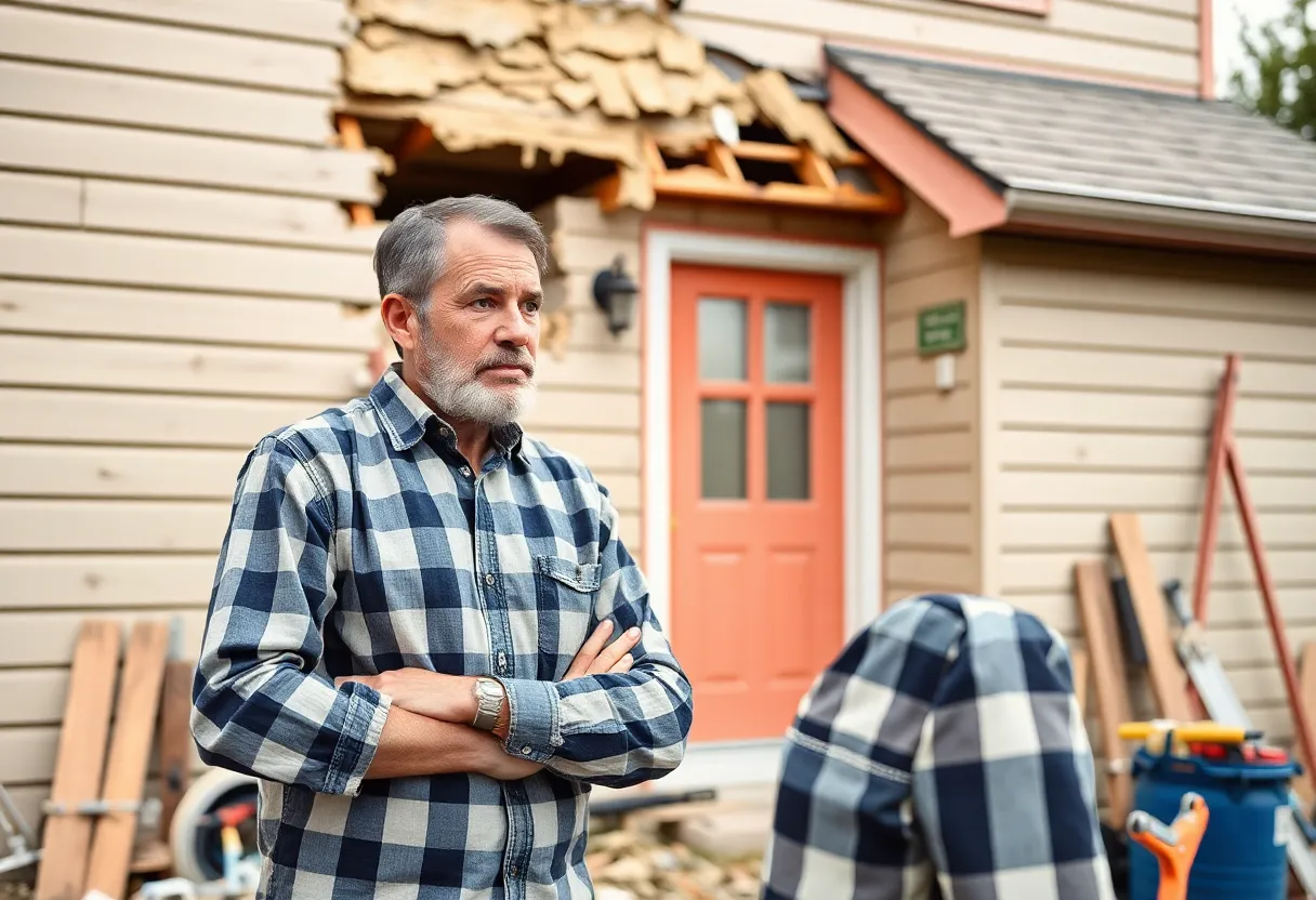 Image depicting a distressed homeowner amid unfinished repair work.