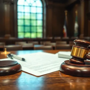 A view of a courtroom showing legal proceedings and documents