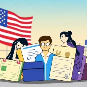 Illustration of travel documents representing different gender identities with US flag background.