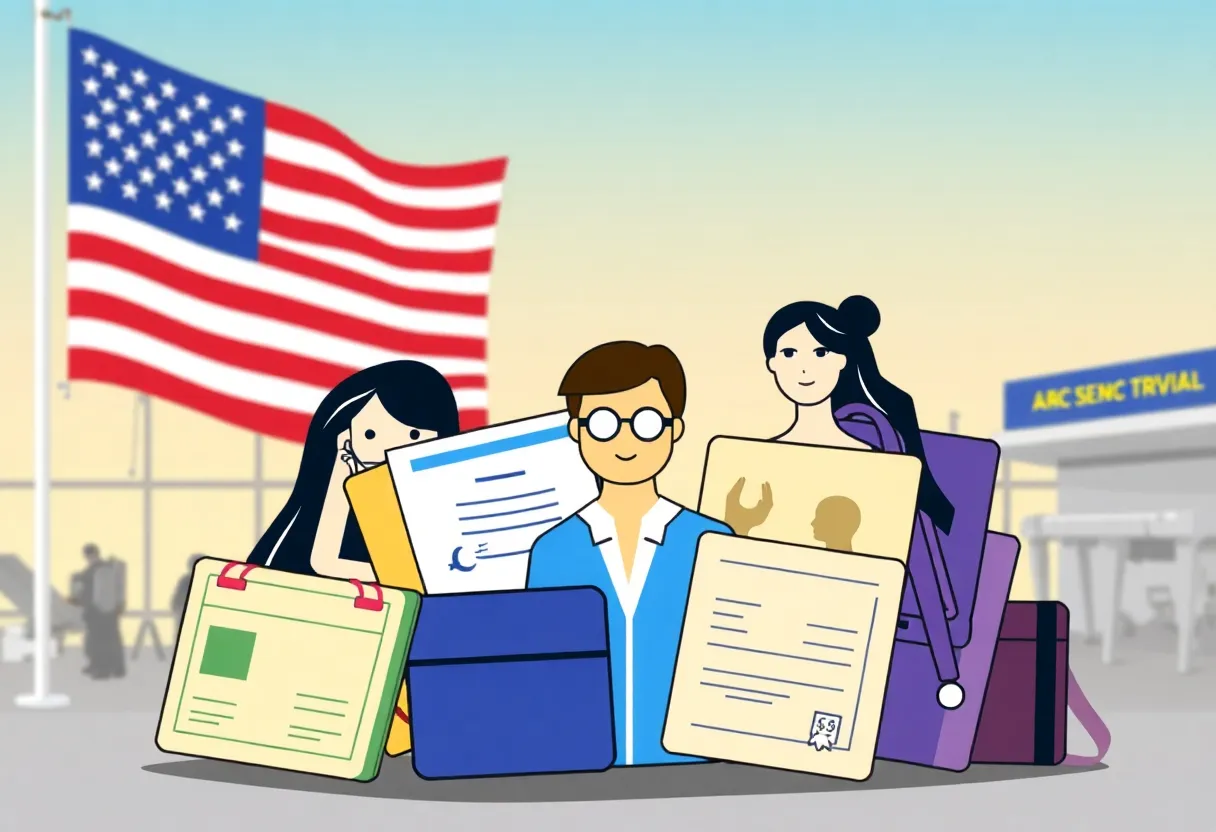 Illustration of travel documents representing different gender identities with US flag background.