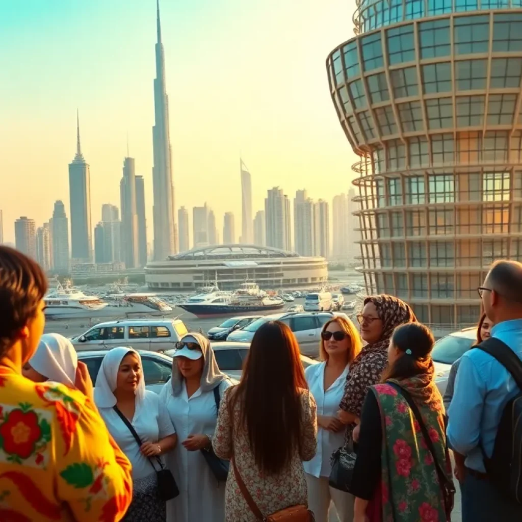 View of the Dubai skyline with people advocating for climate action.