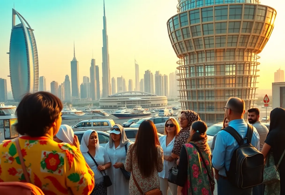 View of the Dubai skyline with people advocating for climate action.