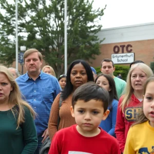 Concerned community members outside Evangel Christian Academy