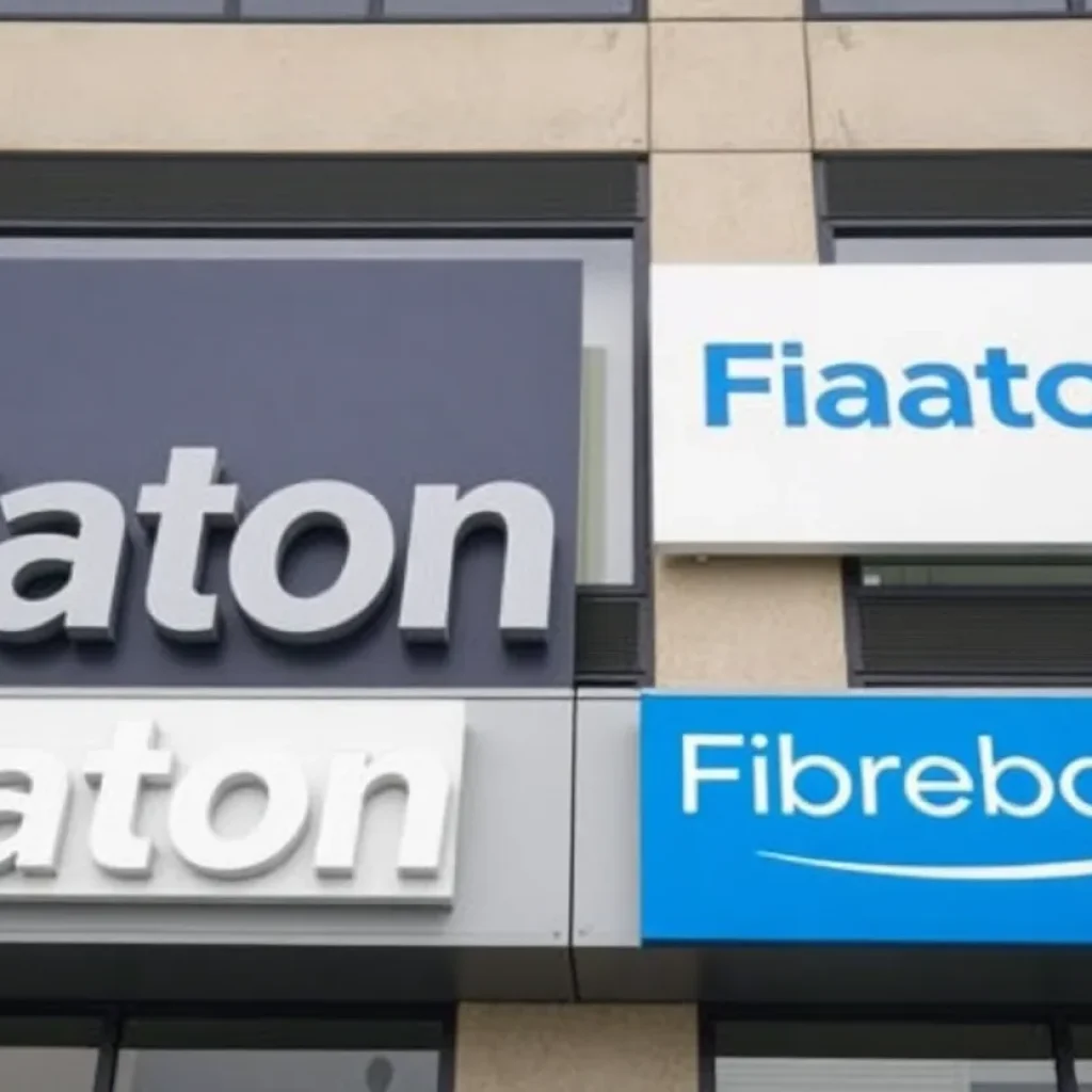 Corporate building signage representing Fibrebond and Eaton Corp.