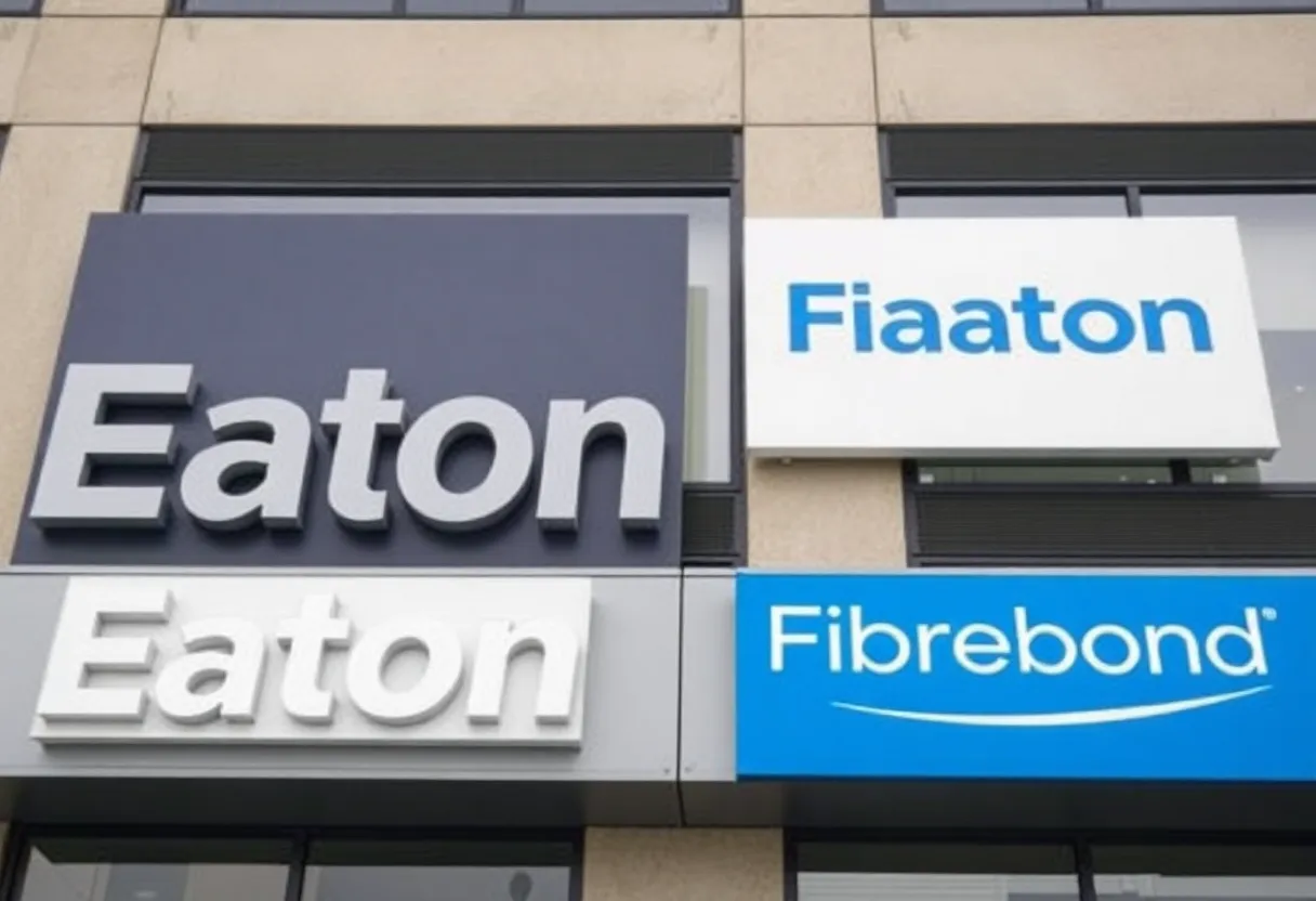 Corporate building signage representing Fibrebond and Eaton Corp.