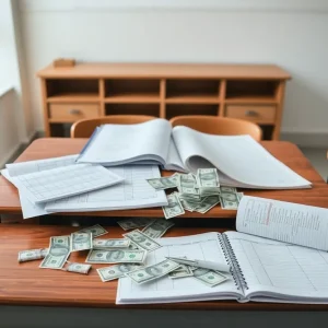 An empty school desk with ledgers and cash representing financial scandal in education.