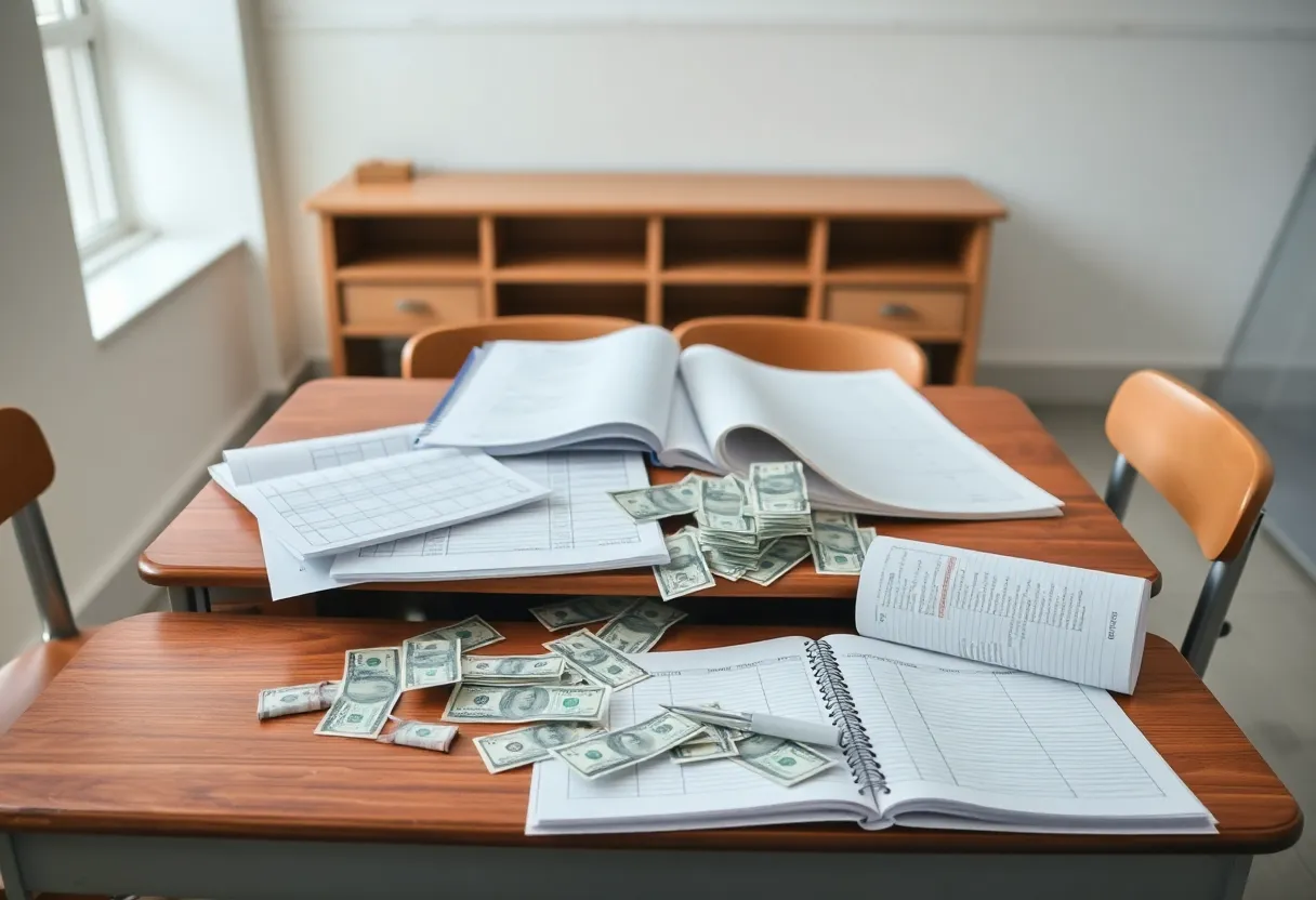 An empty school desk with ledgers and cash representing financial scandal in education.