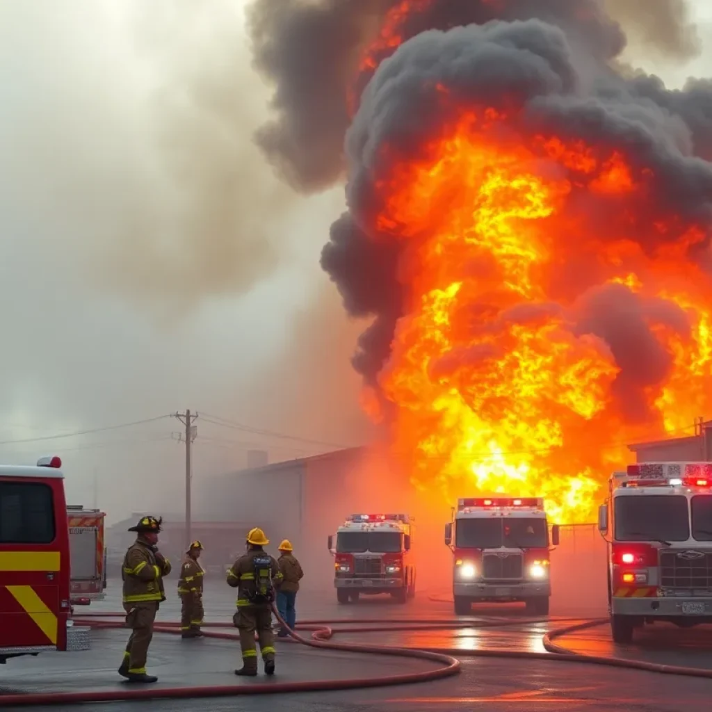 Firefighters extinguishing flames at Pratt Industries in Shreveport, Louisiana.