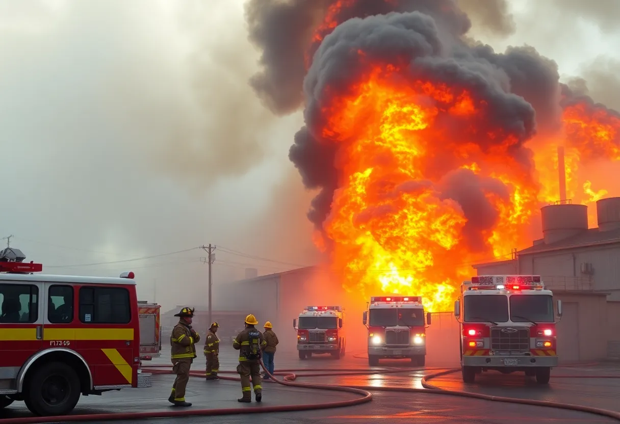 Firefighters extinguishing flames at Pratt Industries in Shreveport, Louisiana.