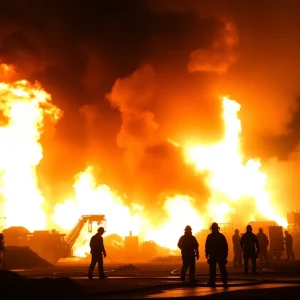 Firefighters combating a large fire at Pratt Industries in Shreveport