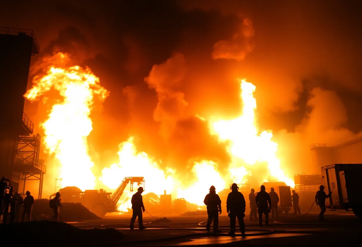 Firefighters combating a large fire at Pratt Industries in Shreveport