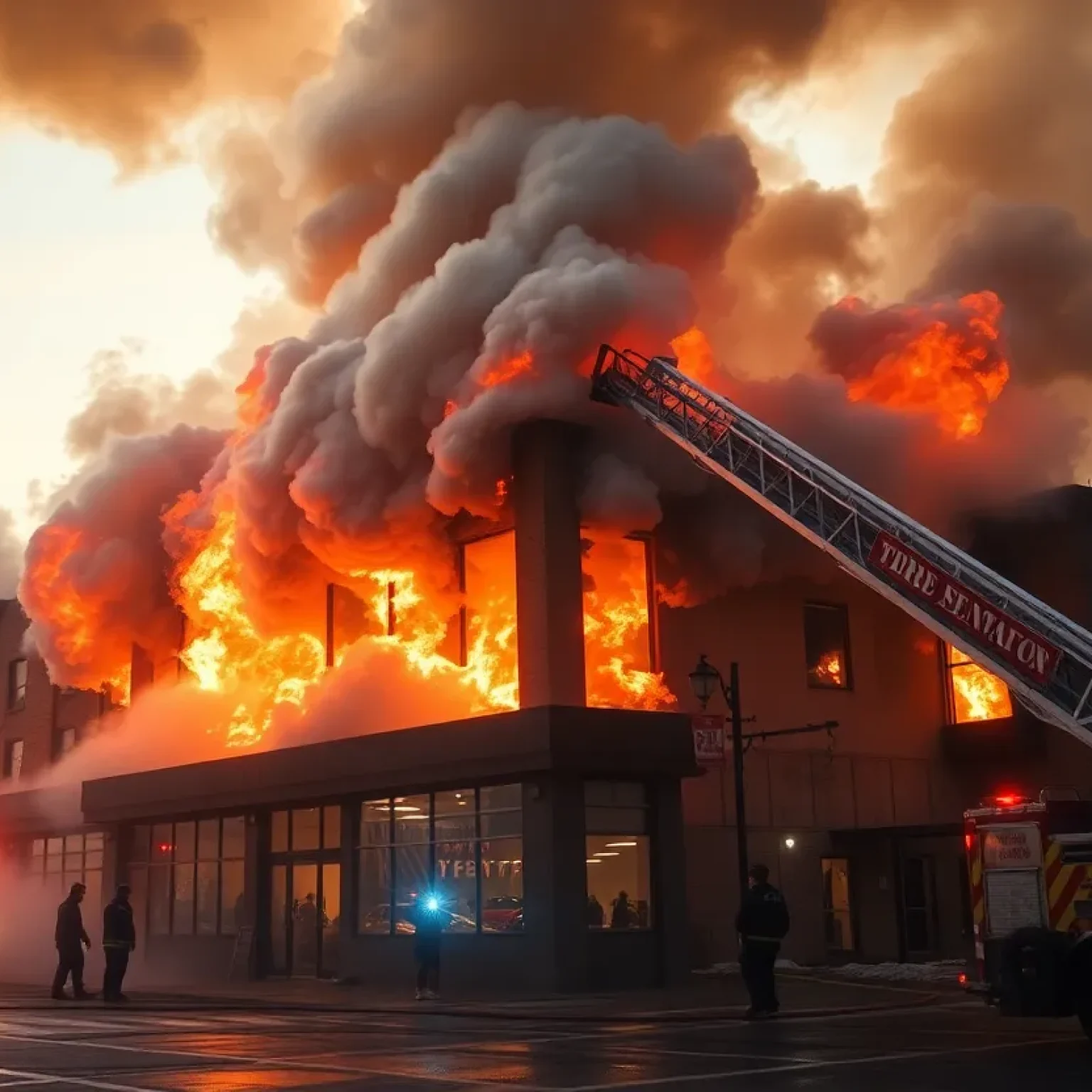 Firefighters combating a massive fire at Pratt Industries building