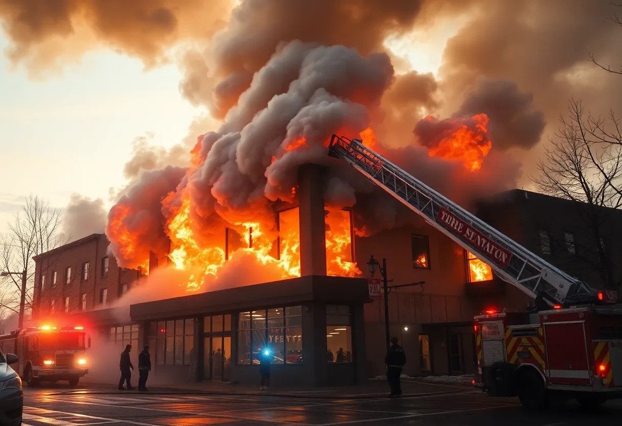 Firefighters combating a massive fire at Pratt Industries building