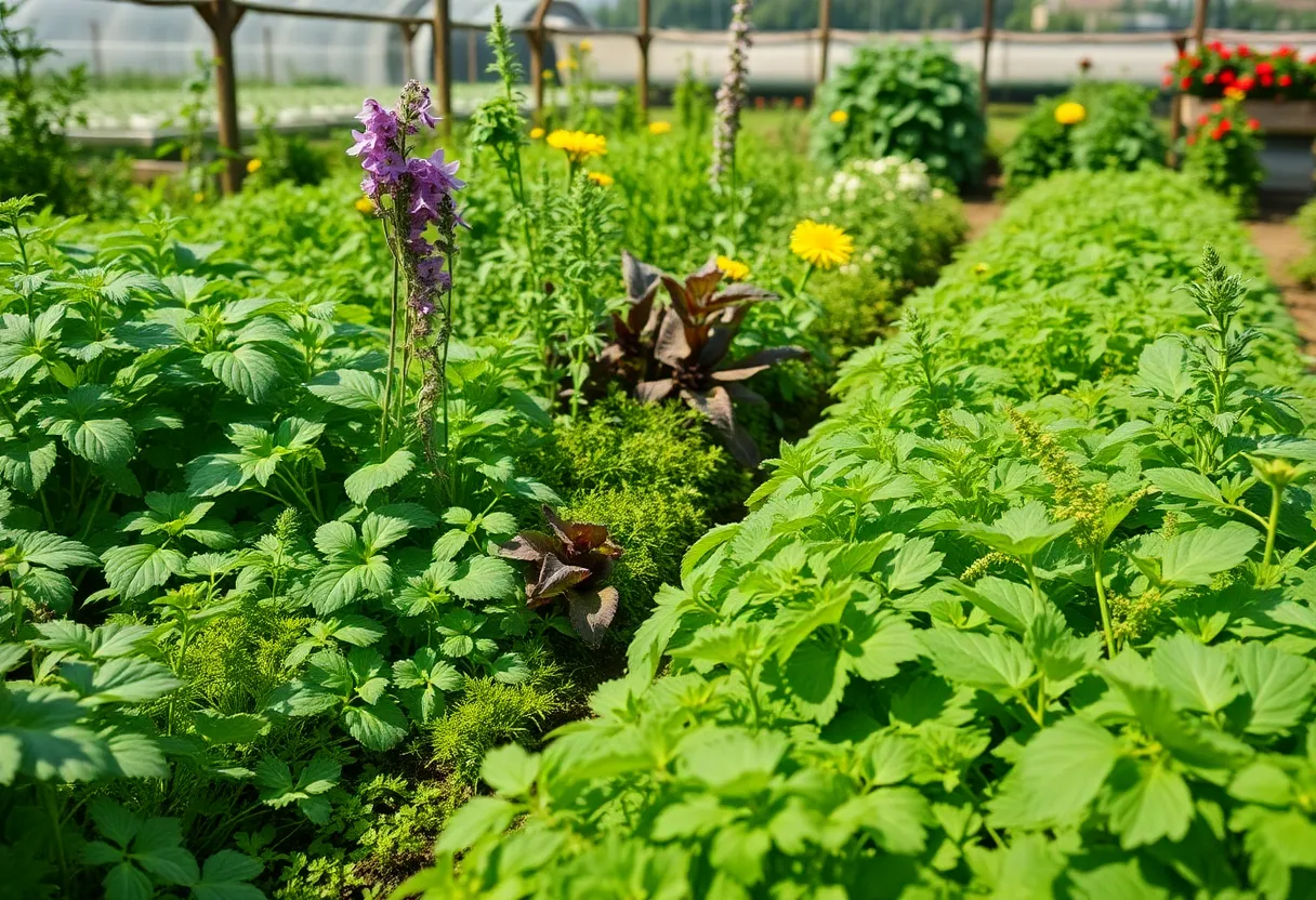 A vibrant herbal farm in Rodessa with diverse plants and herbs.