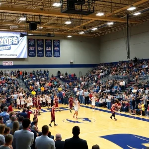 Crowd cheering during Huntington High School's basketball playoff game.