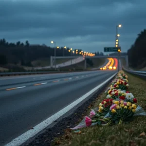 Flowers placed by the roadside in memory of a tragic accidental death