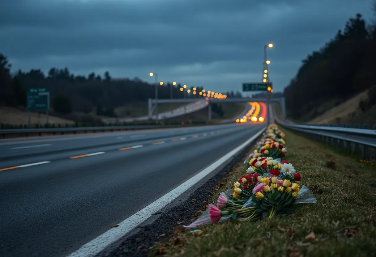 Flowers placed by the roadside in memory of a tragic accidental death