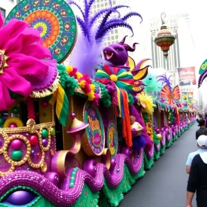 Spectacular floats and colorful decorations at Krewe of Gemini Parade in Shreveport.