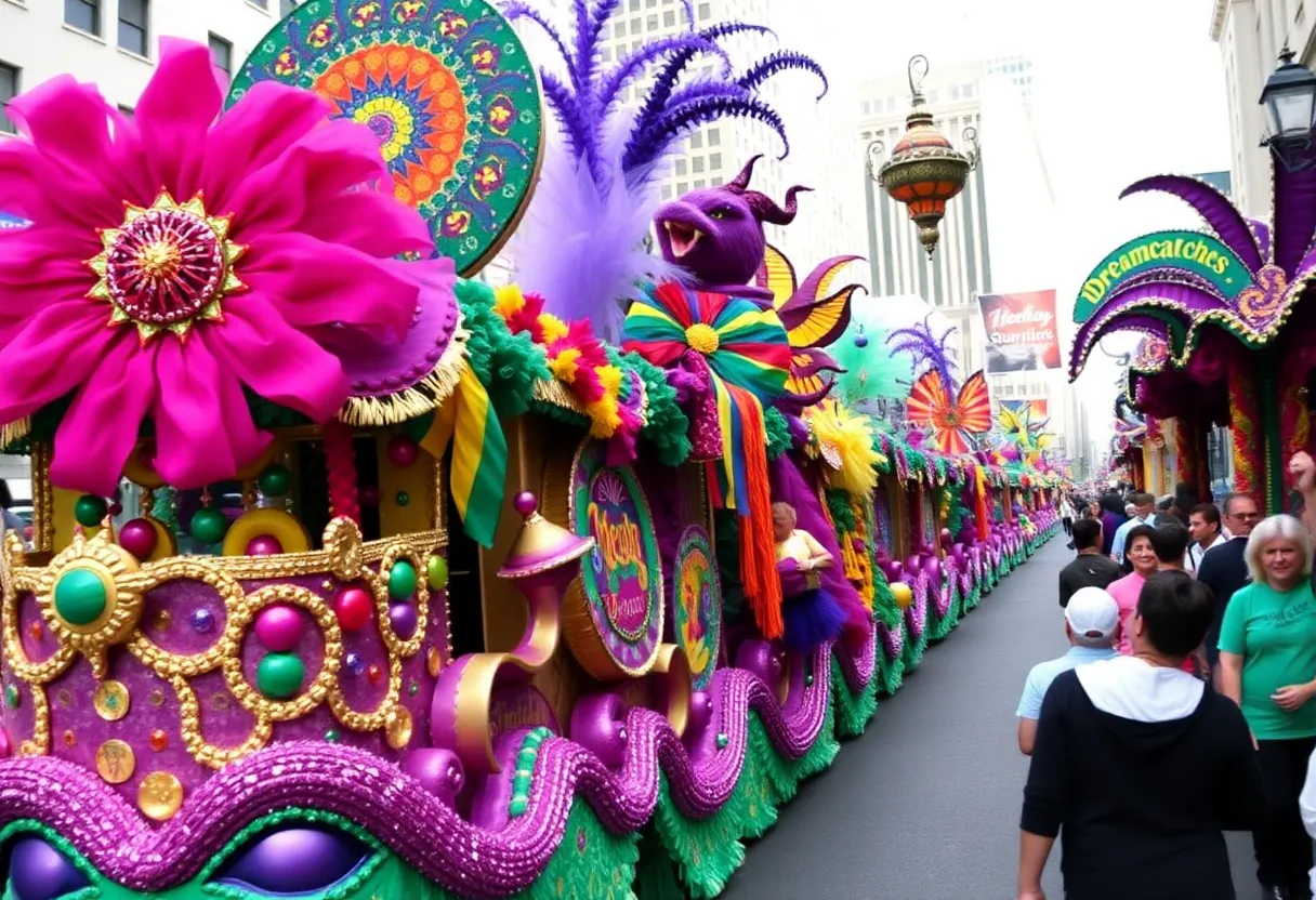 Spectacular floats and colorful decorations at Krewe of Gemini Parade in Shreveport.