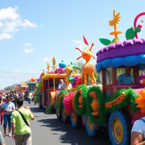 Spectators enjoying the Krewe of Highland parade with colorful floats.