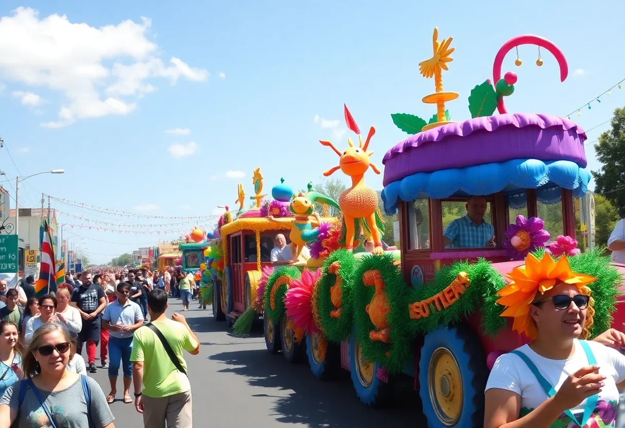 Spectators enjoying the Krewe of Highland parade with colorful floats.