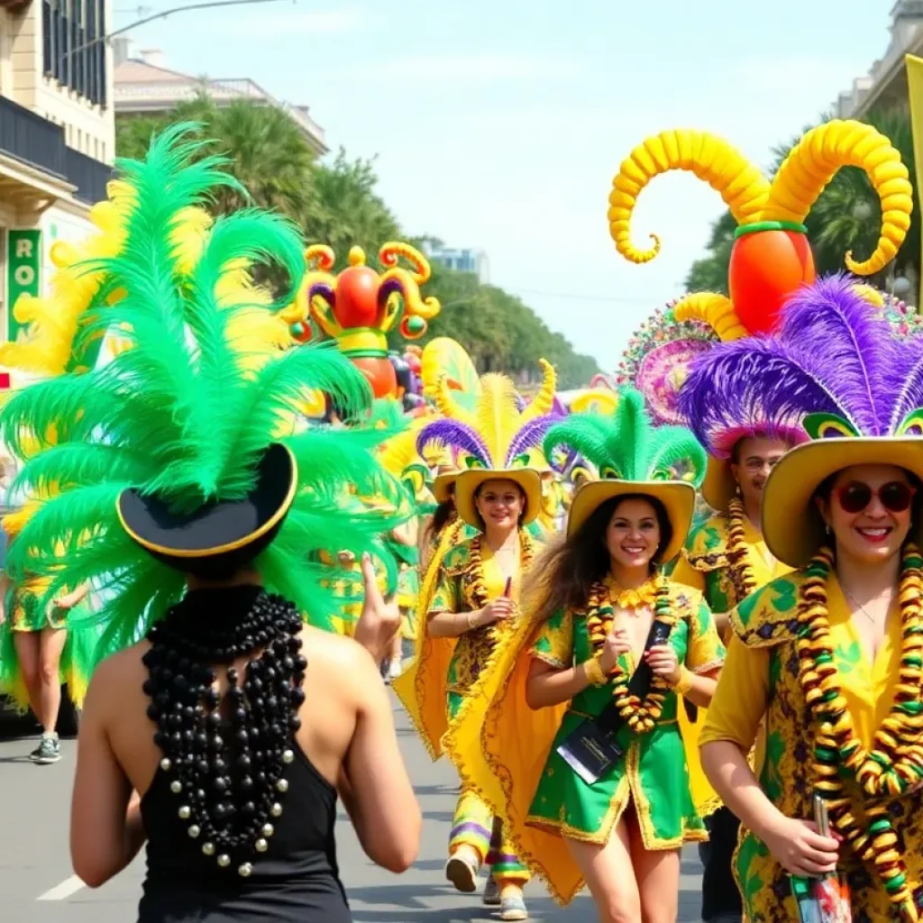 Colorful floats and joyful participants at the Krewe of Highland Parade