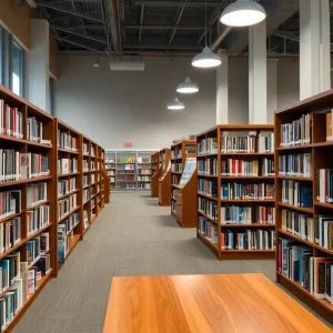 Interior view of a public library in Louisiana with books on shelves