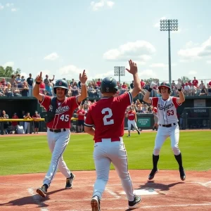 LSU baseball players celebrating after a win