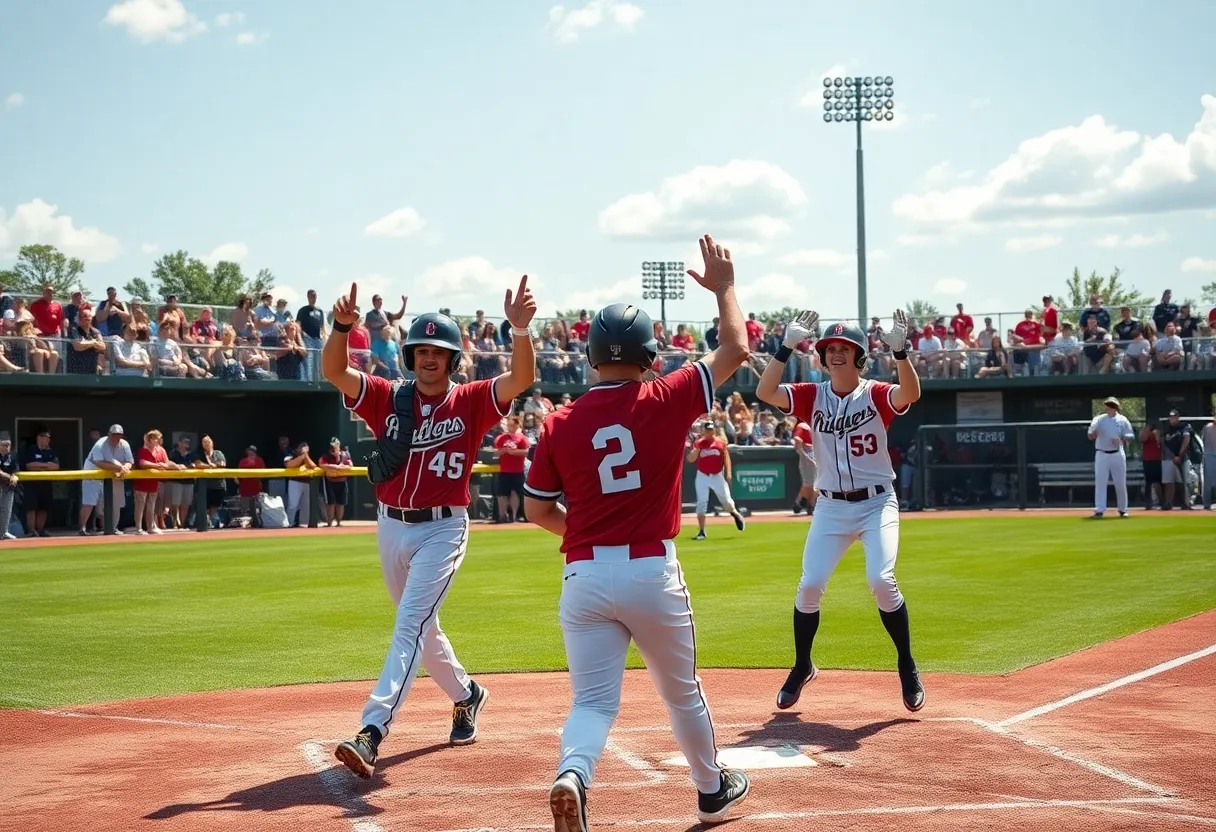 LSU baseball players celebrating after a win