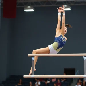 Young gymnast performing on the uneven bars at a collegiate event.