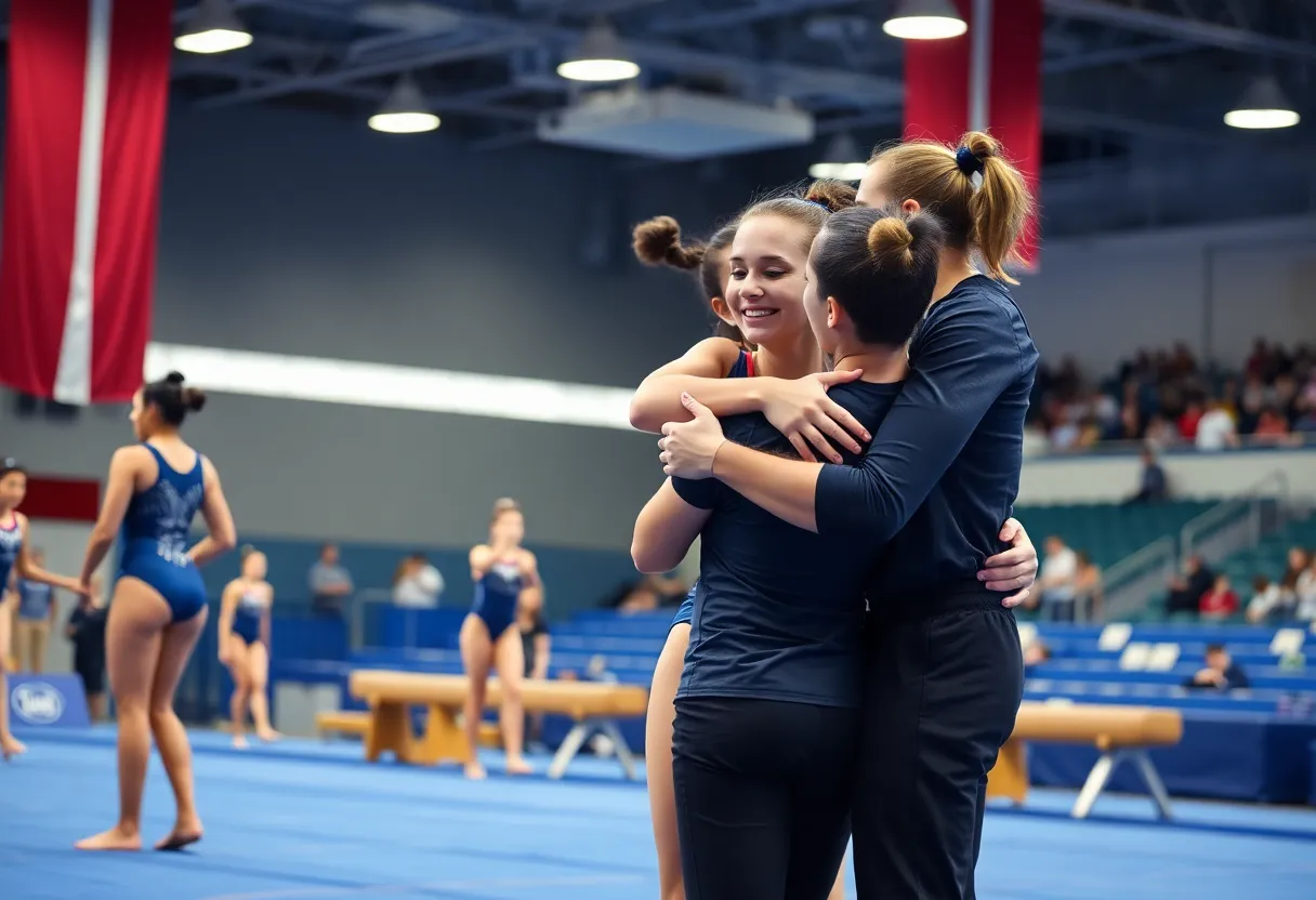 LSU gymnastics team training session showcasing athletes in action.