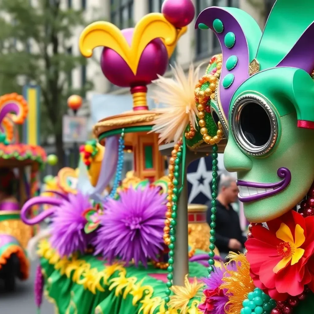 Celebration of Mardi Gras with colorful floats and eco-friendly themes in Shreveport.